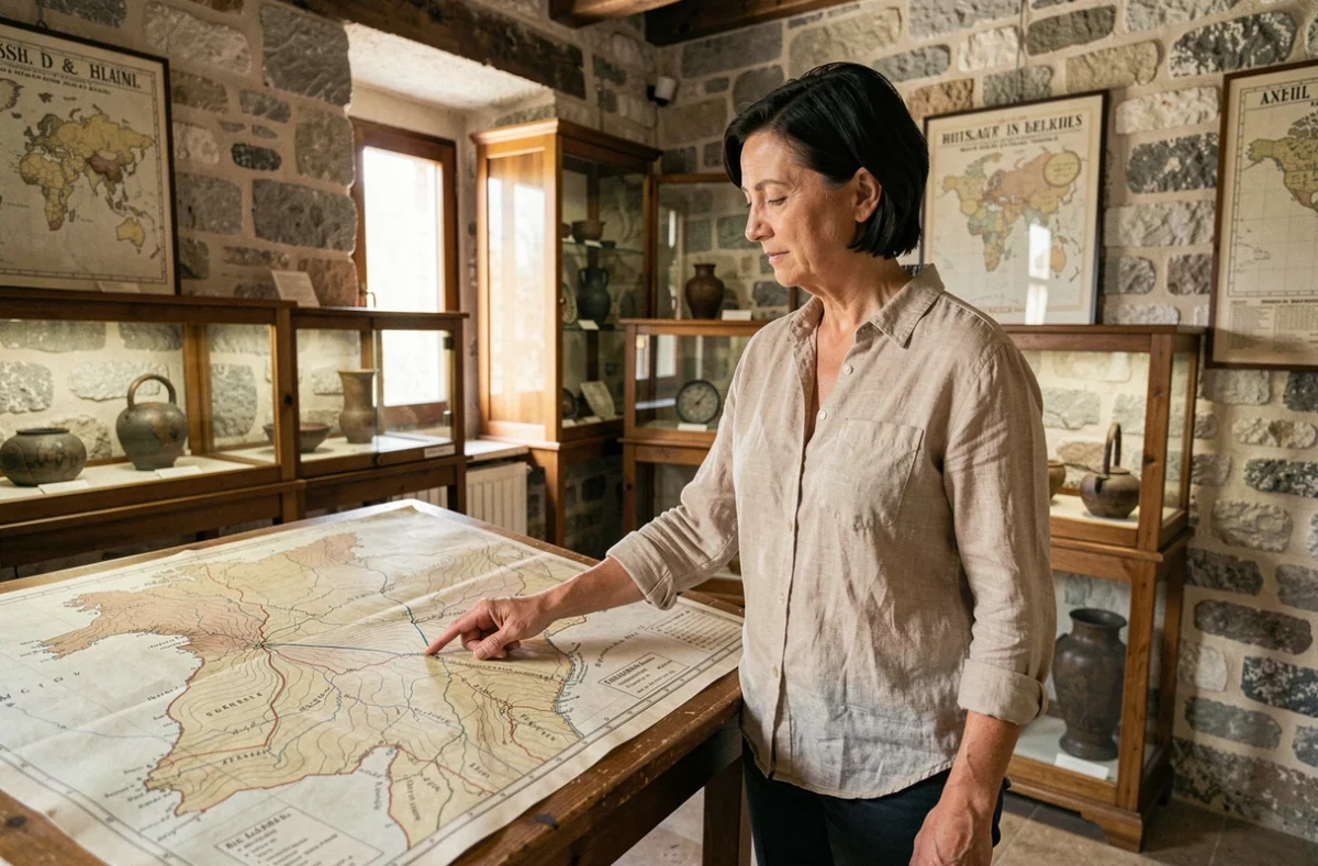 Historienne amateur étudiant une carte topographique ancienne dans un musée régional consacré à la bataille d'Alésia et aux sites gaulois