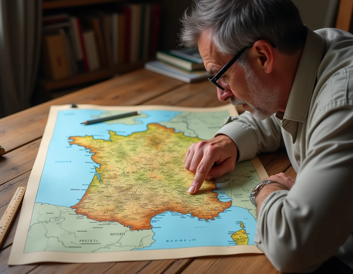 Homme étudiant une carte physique de la France avec la région Normandie délimitée sur une table en bois