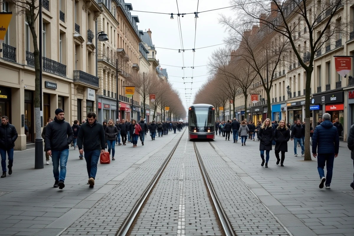 Place du centre-ville de Nantes traversée par les rails du tram ligne 2 avec passants