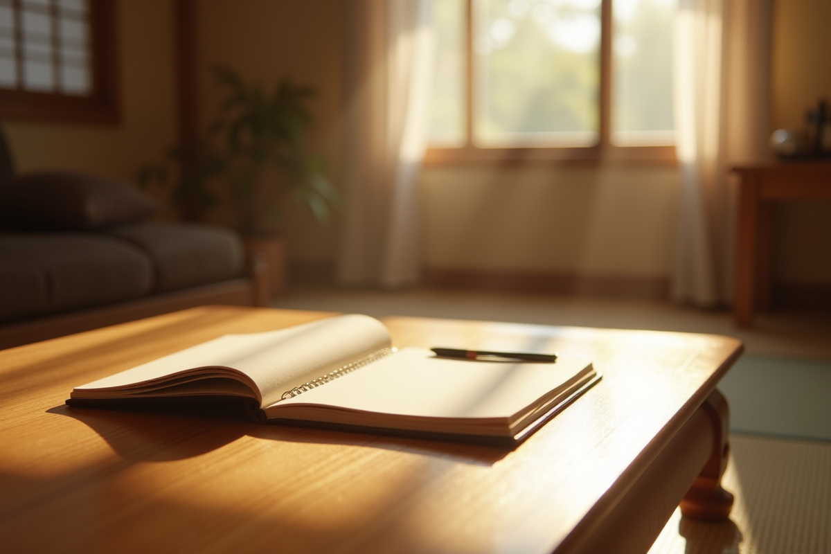 Chambre japonaise sereine avec un carnet ouvert au matin
