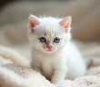Chaton blanc aux yeux bleus sur une couverture beige