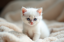 Chaton blanc aux yeux bleus sur une couverture beige