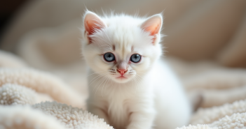 Chaton blanc aux yeux bleus sur une couverture beige