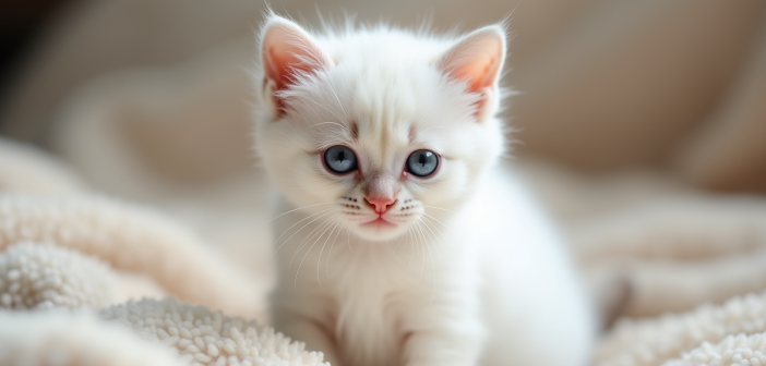 Chaton blanc aux yeux bleus sur une couverture beige