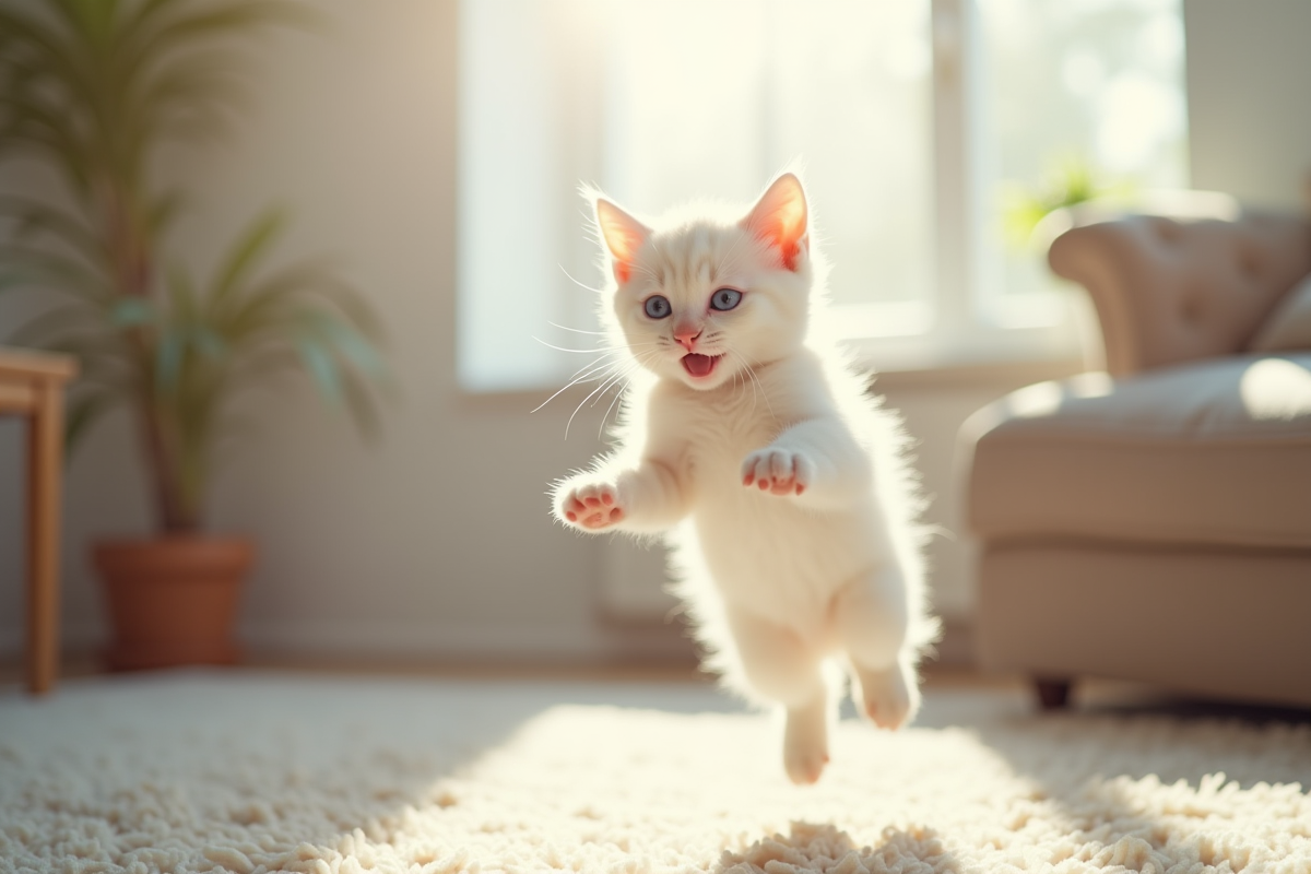 Chaton blanc sautant dans un salon lumineux