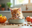 Chaton orange mangeant un repas équilibré dans une cuisine lumineuse