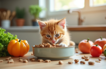 Chaton orange mangeant un repas équilibré dans une cuisine lumineuse