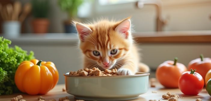 Chaton orange mangeant un repas équilibré dans une cuisine lumineuse
