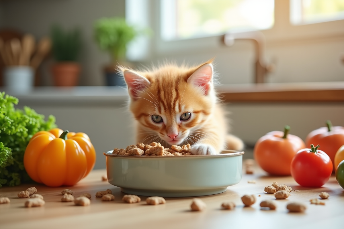 Chaton orange mangeant un repas équilibré dans une cuisine lumineuse
