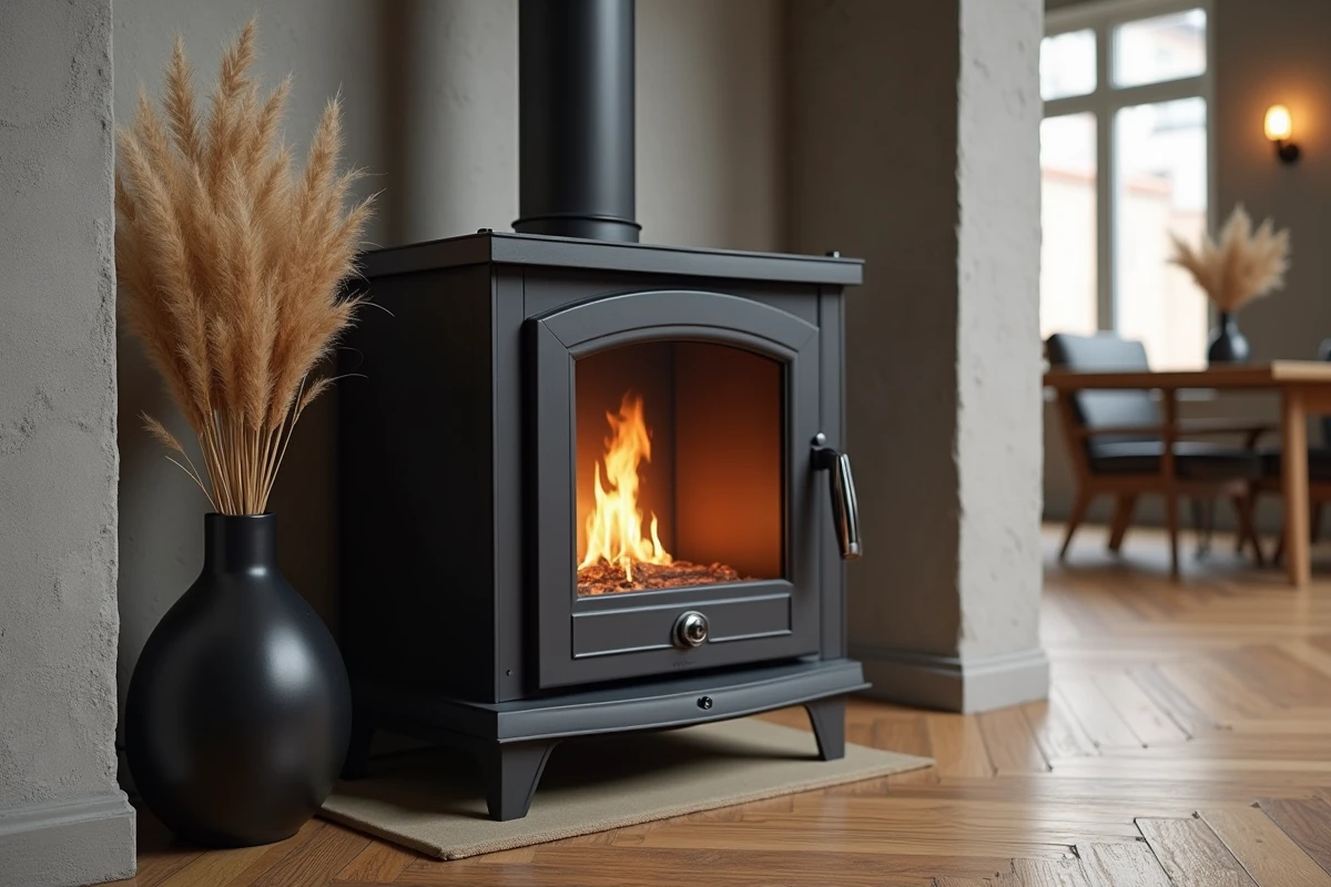 Cheminée bioéthanol autoportante en fonte avec flamme visible sur parquet en chêne dans un salon design