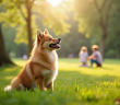 Finnish Spitz assis dans un parc vert avec famille en arrière-plan