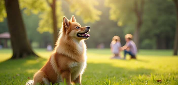 Finnish Spitz assis dans un parc vert avec famille en arrière-plan