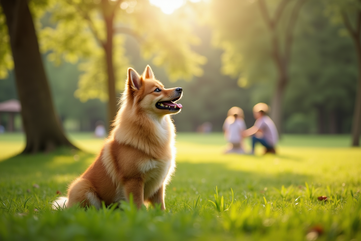 Finnish Spitz assis dans un parc vert avec famille en arrière-plan