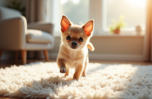 Chiot Chihuahua joueur sur tapis lumineux en intérieur