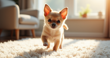 Chiot Chihuahua joueur sur tapis lumineux en intérieur