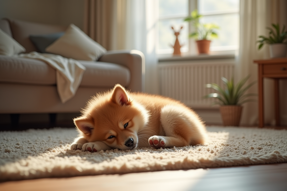 Chiot Finnish Spitz sur un tapis dans un salon chaleureux