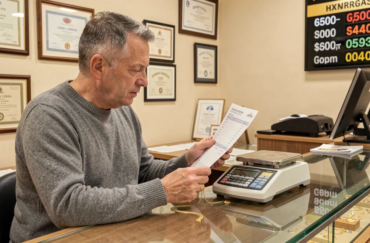 Client évaluant la valeur d'un collier en or avec poinçon étranger auprès d'un comptoir de rachat d'or professionnel