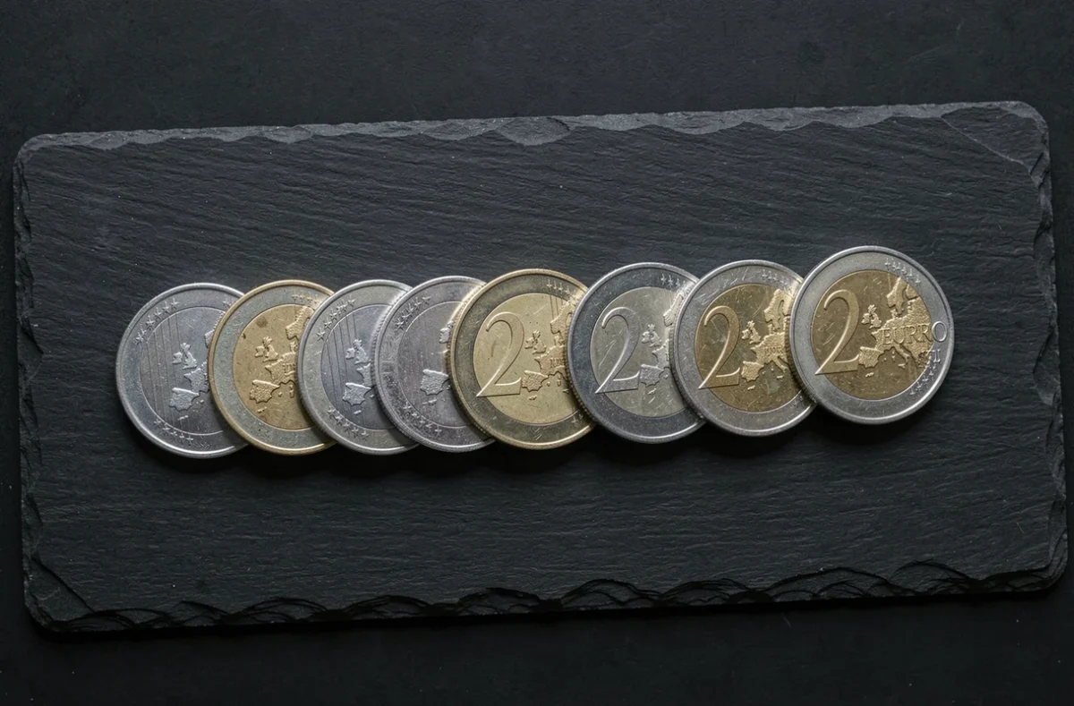 Collection de pièces de 2 euros rares de différents pays européens alignées sur une surface en ardoise avec leurs motifs nationaux visibles