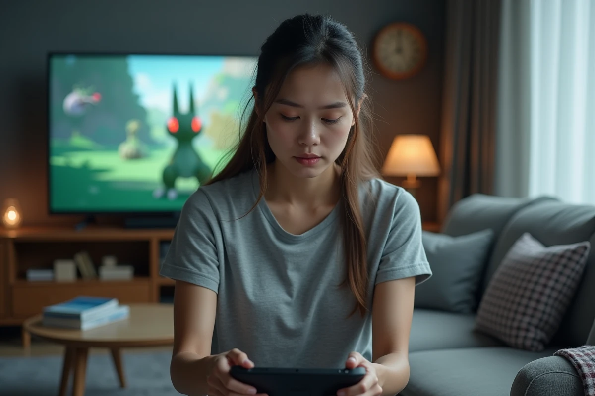 Femme jouant à un combat Pokémon de type Psy sur Nintendo Switch dans un salon moderne