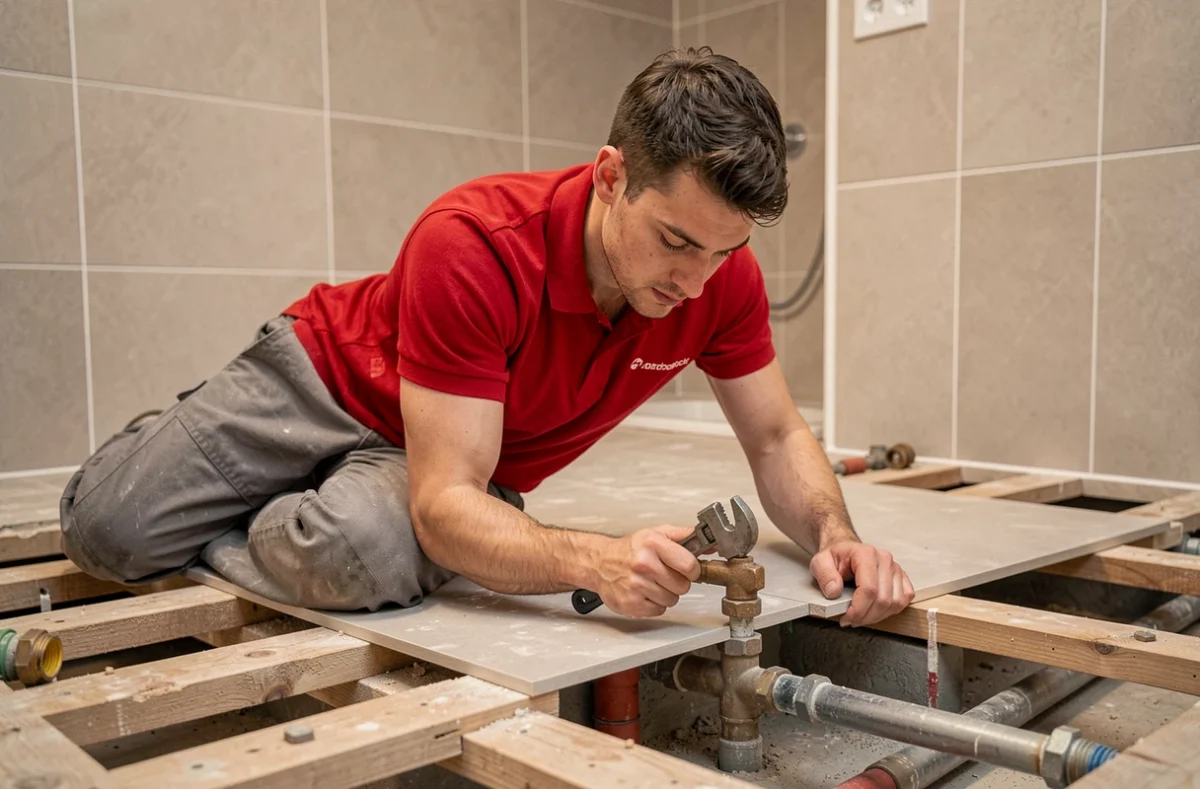 Technicien Compao Plomberie travaillant sur une canalisation d'alimentation à Fontaine-lès-Dijon