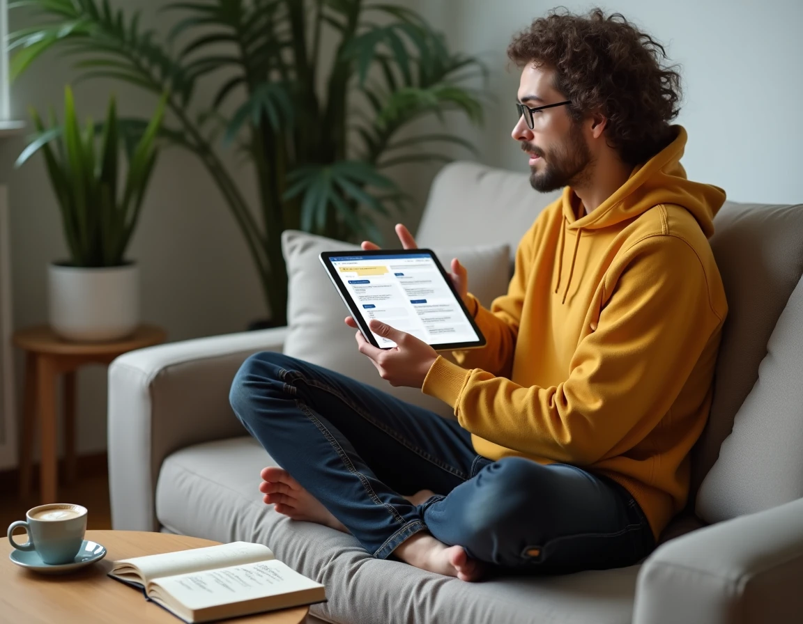 Jeune adulte comparant deux correcteurs de texte en français sur une tablette depuis son salon