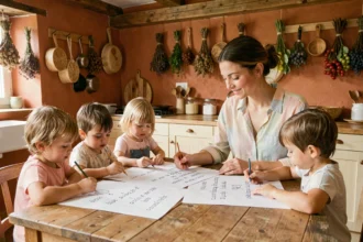 Femme aidant des enfants à colorier la comptine La maison de ma tante autour d'une table en bois rustique