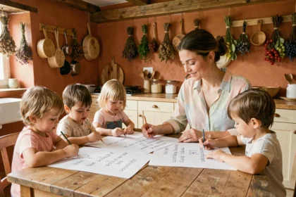 Femme aidant des enfants à colorier la comptine La maison de ma tante autour d'une table en bois rustique