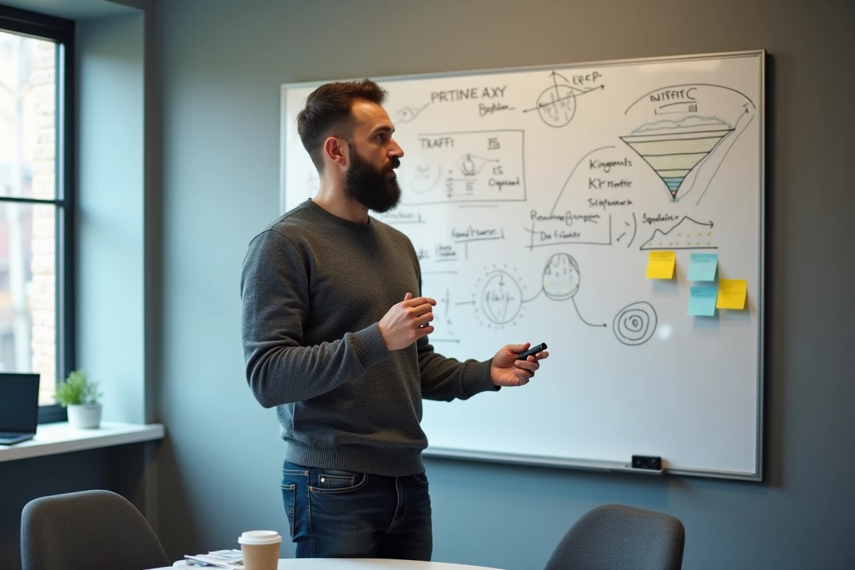 Consultant digital présentant des données de trafic Fusov 2026 sur un tableau blanc en salle de réunion