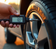 Vérification de pneu de voiture avec jauge digitale en plein jour