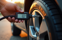 Vérification de pneu de voiture avec jauge digitale en plein jour