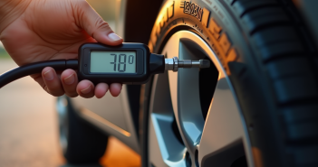Vérification de pneu de voiture avec jauge digitale en plein jour