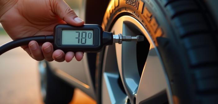 Vérification de pneu de voiture avec jauge digitale en plein jour