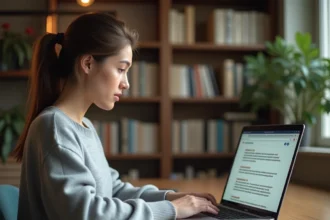 Femme utilisant un correcteur orthographique en ligne sur son ordinateur portable pour corriger un texte en français