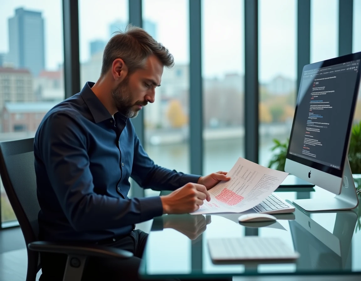 Homme corrigeant un document en français avec des annotations manuscrites dans un bureau professionnel moderne
