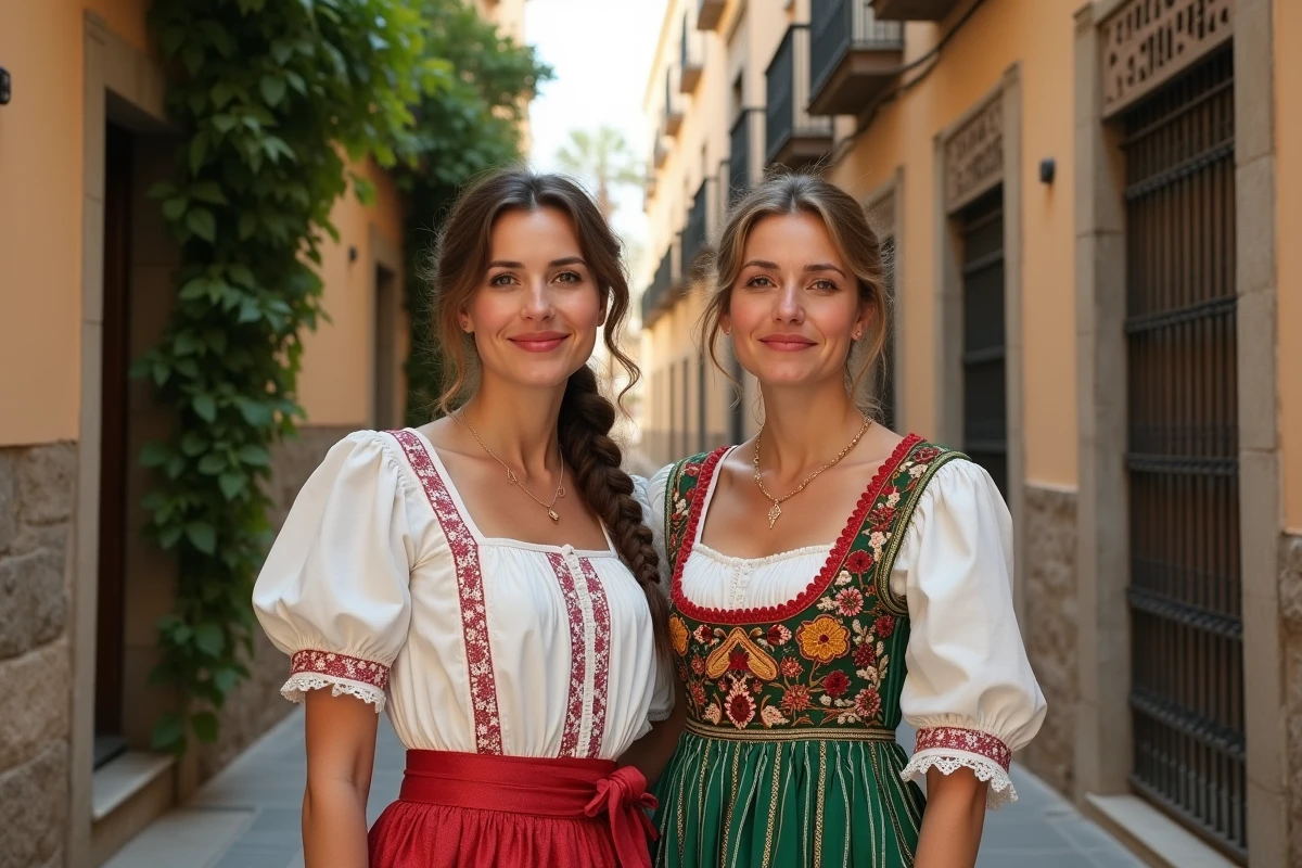 Deux femmes en costumes régionaux espagnols contrastés, robes d'Andalousie et de Castille dans une ruelle historique, diversité de la danse traditionnelle espagnole