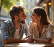 Couple souriant sur une terrasse de café en plein air