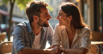 Couple souriant sur une terrasse de café en plein air
