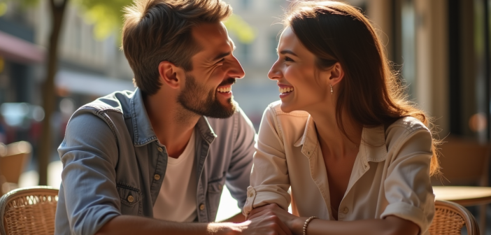 Couple souriant sur une terrasse de café en plein air