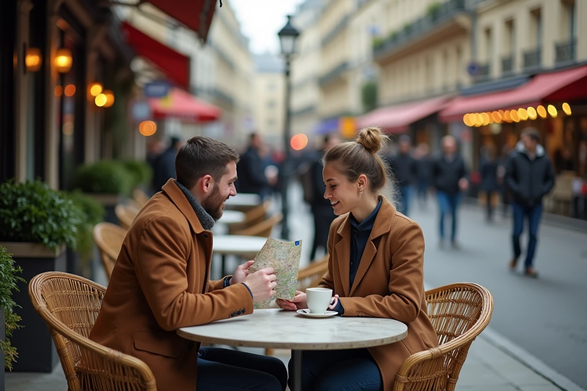 Couple attablé en terrasse de café près de la Tour Montparnasse, consultant un plan de Paris