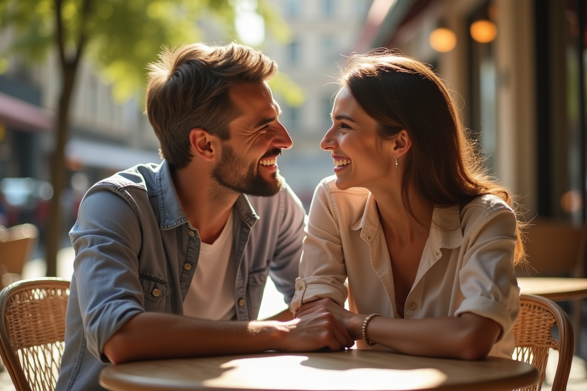 Couple souriant sur une terrasse de café en plein air
