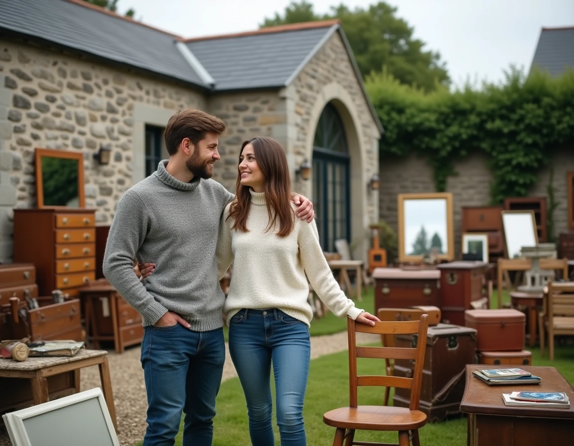 Couple de jeunes adultes chinant des meubles et objets anciens dans un vide-grenier de campagne en Morbihan