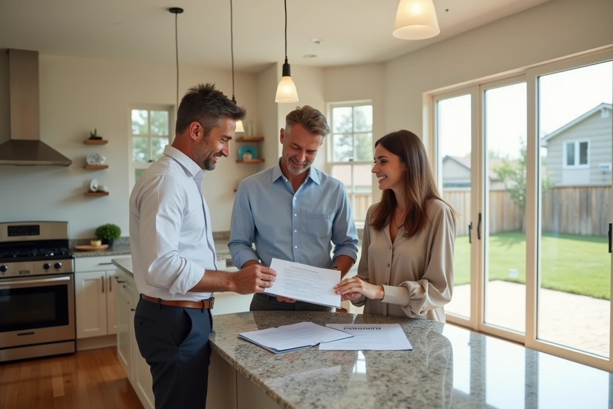 Couple et agent immobilier examinant un contrat dans la cuisine