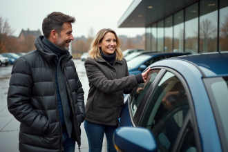 Couple discutant d'une voiture neuve dans un concessionnaire