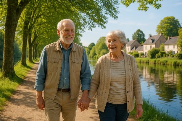 Couple âgé souriant marchant main dans la main au bord de la rivière à Guichen