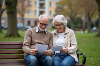 Couple retraité souriant lisant documents dans un parc