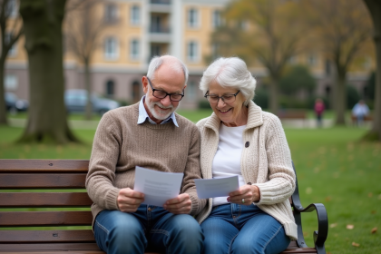 Couple retraité souriant lisant documents dans un parc