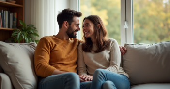 Couple souriant assis sur un canapé dans un salon lumineux