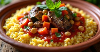 Plat de couscous marocain servi dans un plat en terre cuite avec légumes et viande