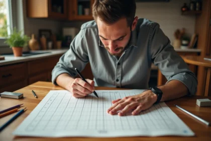 Homme dessinant un plateau de bataille navale personnalisé sur du papier quadrillé à la maison