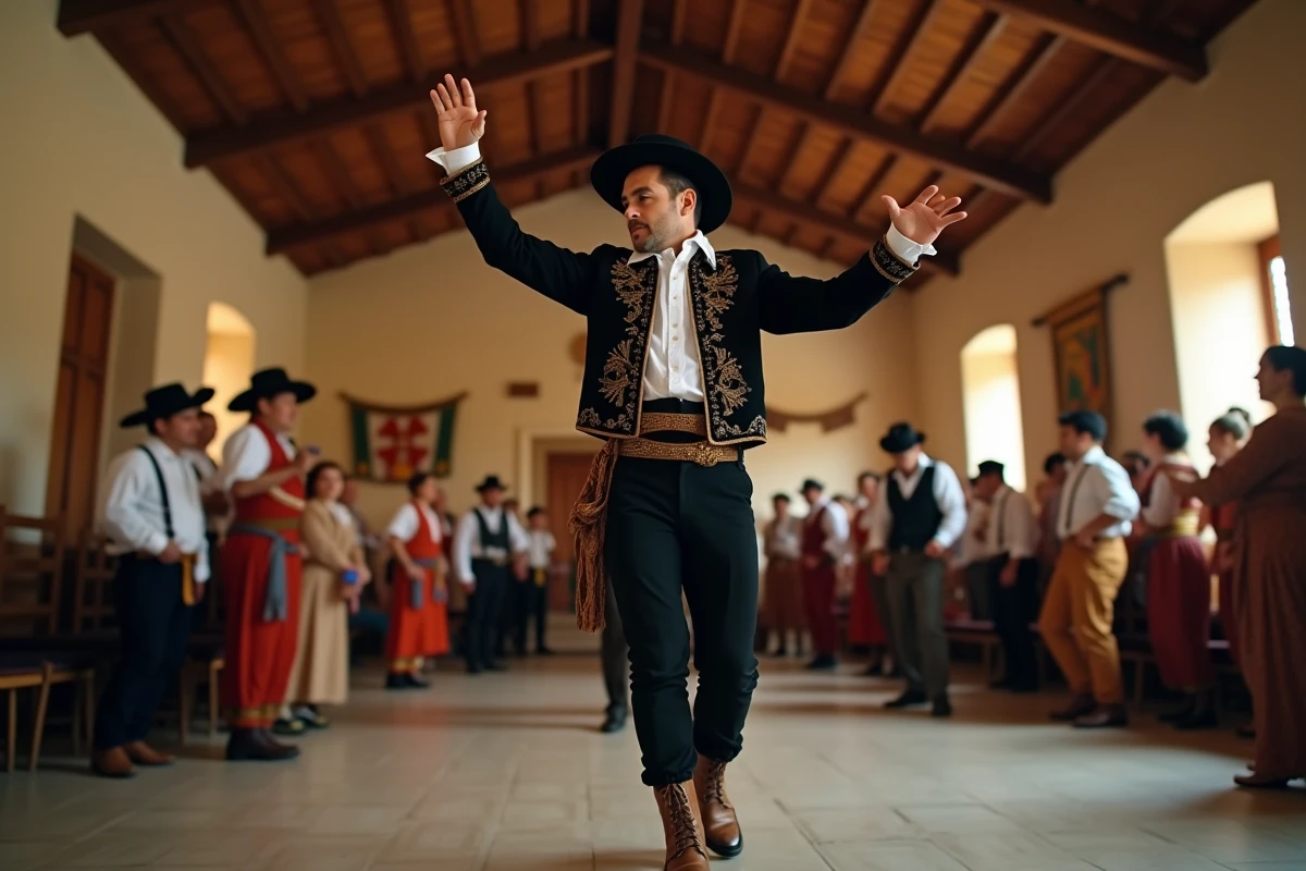Danseur de Jota aragonaise en costume traditionnel brodé dans une salle communautaire madrilène, danse folklorique espagnole